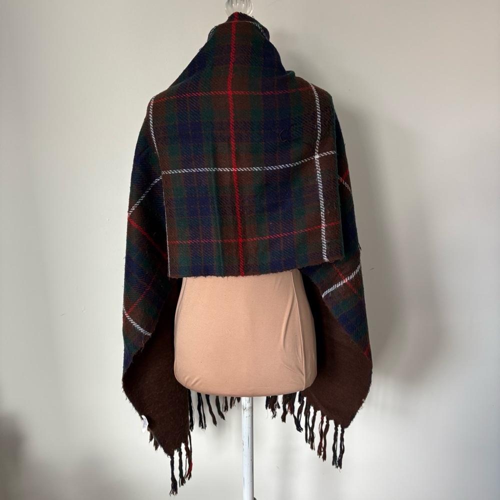 Christian Dior Vintage Acrylic Knit Brown Blue Plaid Fringe Trim Scarf One Size - Picture 5 of 12